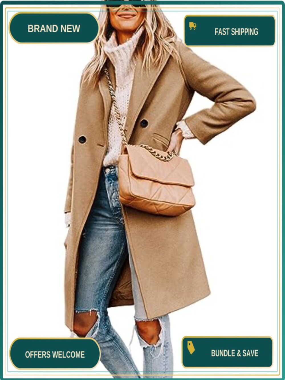 Wool Blend Peacoat Notch Lapel Double-Breasted Knee Length